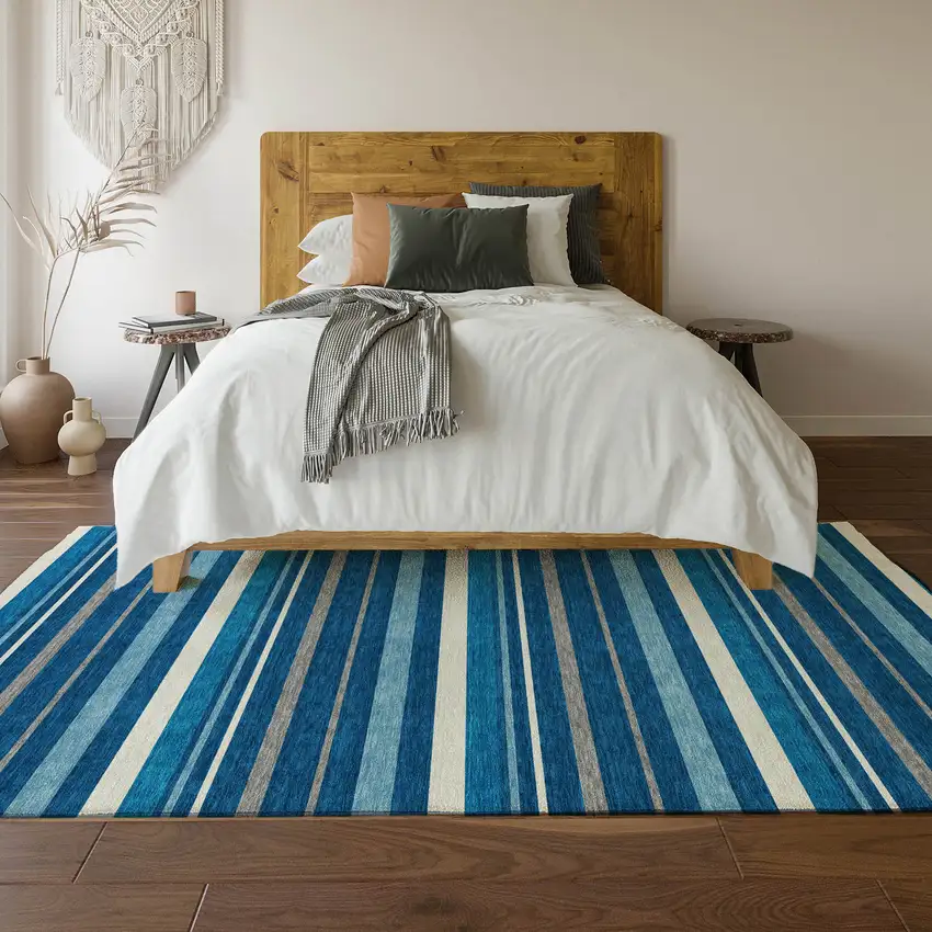 Denim Blue Ivory And Gray Striped Washable Area Rug With UV Protection Photo 5