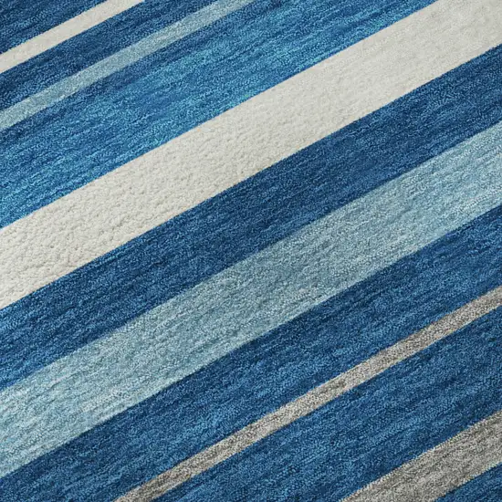 Denim Blue Ivory And Gray Striped Washable Area Rug With UV Protection Photo 9