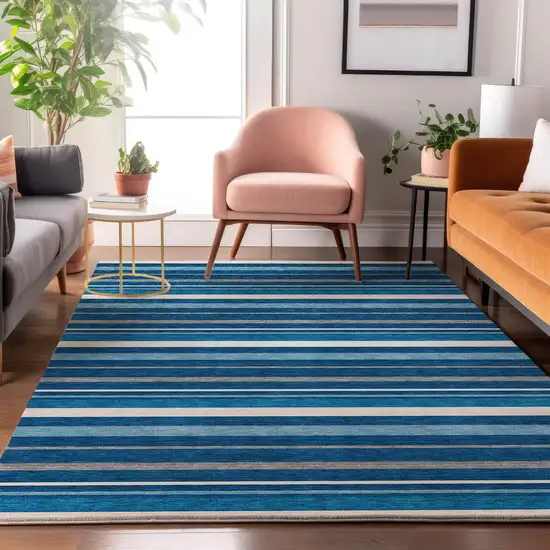 Denim Blue Ivory And Gray Striped Washable Area Rug With UV Protection Photo 4