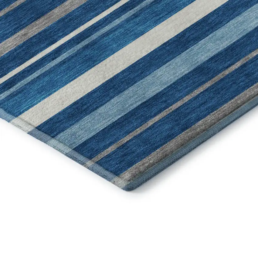 Denim Blue Ivory And Gray Striped Washable Area Rug With UV Protection Photo 7
