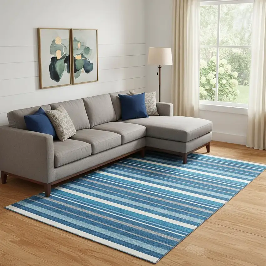 Denim Blue Ivory And Gray Striped Washable Area Rug With UV Protection Photo 1