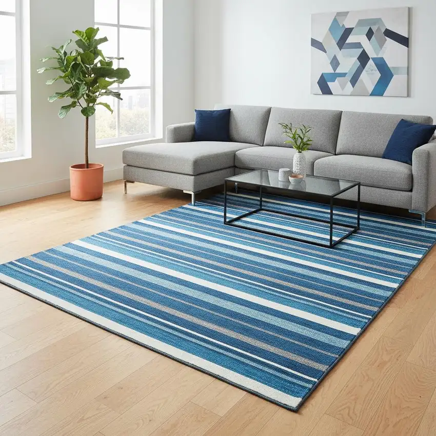 Denim Blue Ivory And Gray Striped Washable Area Rug With UV Protection Photo 2