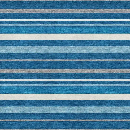 Denim Blue Ivory And Gray Striped Washable Area Rug With UV Protection Photo 3