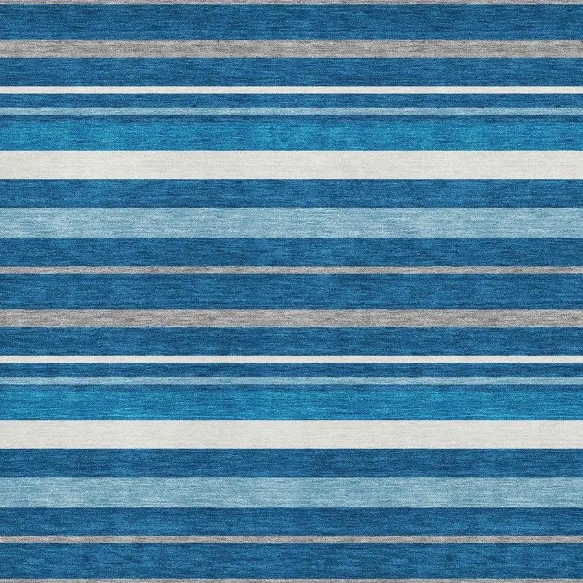 Denim Blue Ivory And Gray Striped Washable Area Rug With UV Protection Photo 3