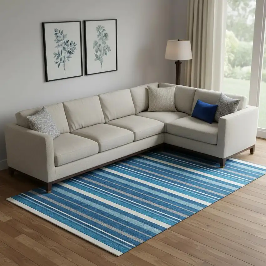 Denim Blue Ivory And Gray Striped Washable Area Rug With UV Protection Photo 1