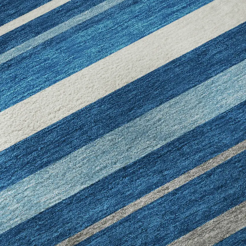 Denim Blue Ivory And Gray Striped Washable Area Rug With UV Protection Photo 8