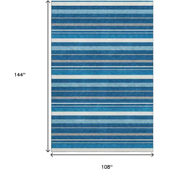Denim Blue Ivory And Gray Striped Washable Area Rug With UV Protection Photo 9