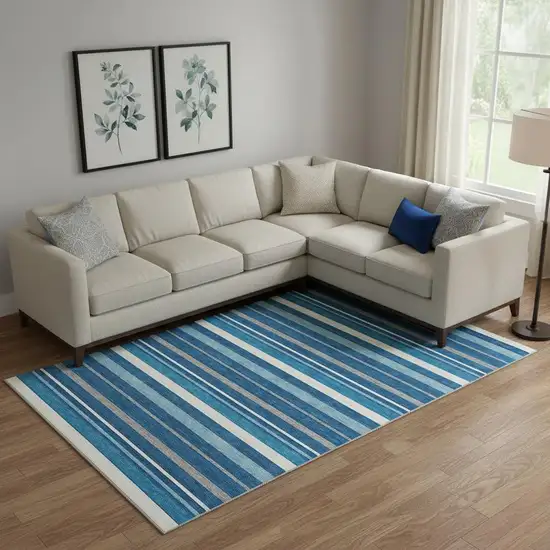 Denim Blue Ivory And Gray Striped Washable Area Rug With UV Protection Photo 1