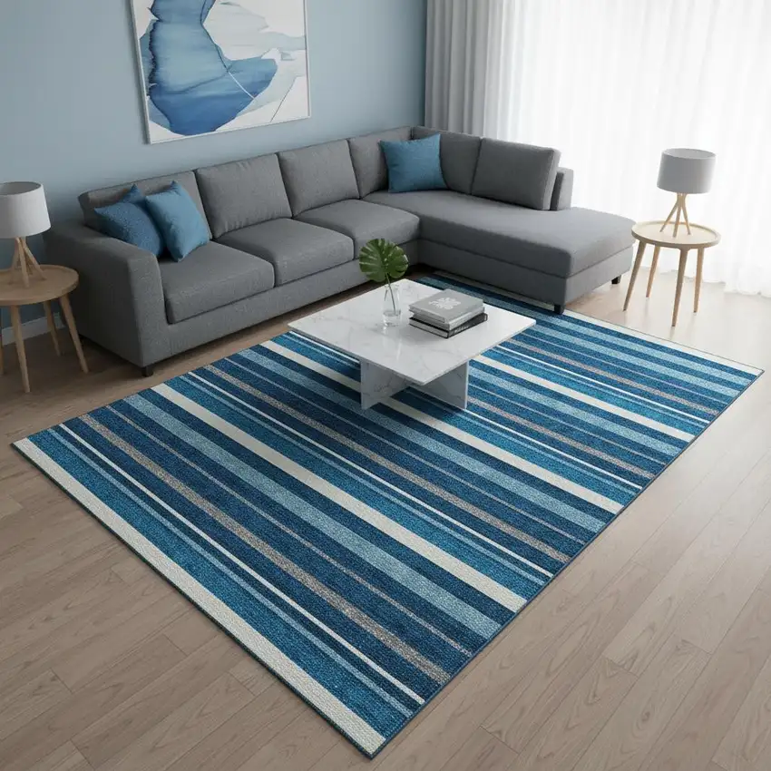 Denim Blue Ivory And Gray Striped Washable Area Rug With UV Protection Photo 2