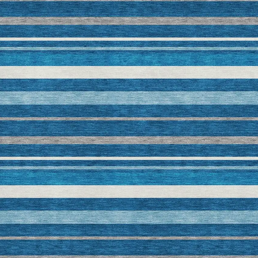 Denim Blue Ivory And Gray Striped Washable Area Rug With UV Protection Photo 3