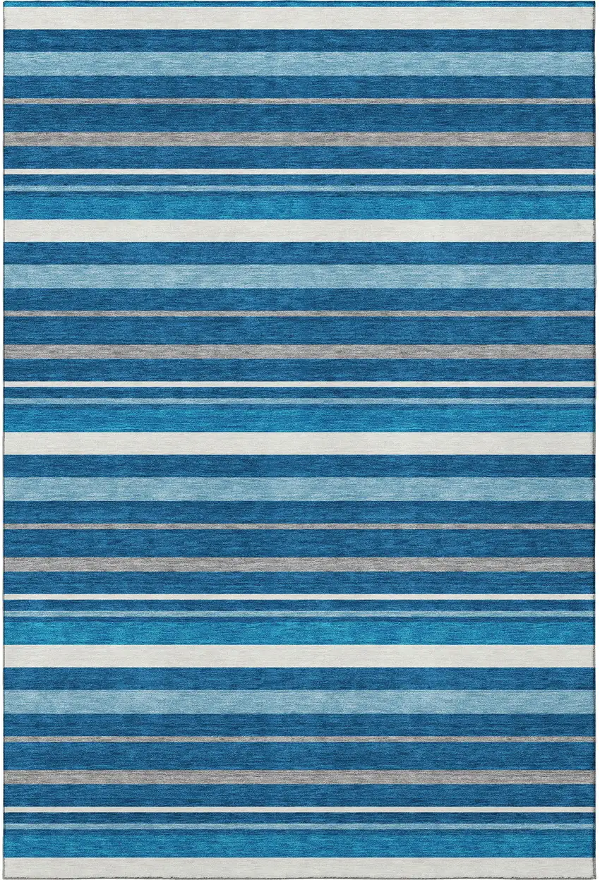 Denim Blue Ivory And Gray Striped Washable Area Rug With UV Protection Photo 4