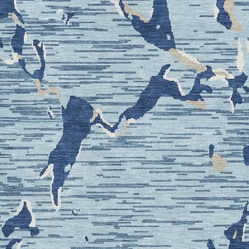 Denim Blue Ivory And Gray Striped Washable Area Rug With UV Protection Photo 2