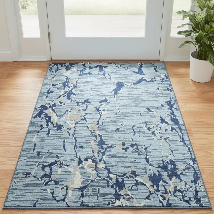 Denim Blue Ivory And Gray Striped Washable Area Rug With UV Protection Photo 2