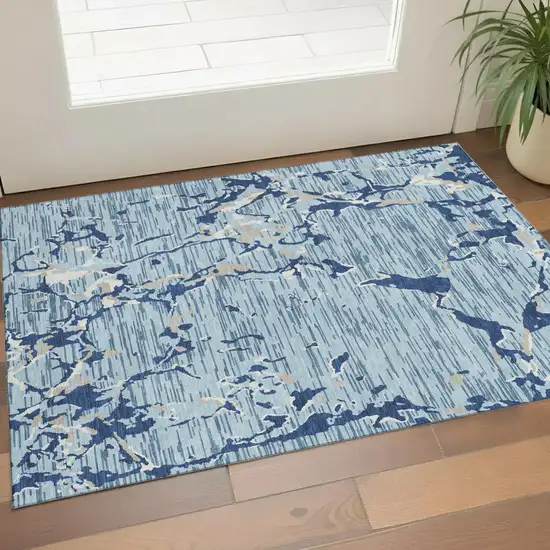 Denim Blue Ivory And Gray Striped Washable Area Rug With UV Protection Photo 1