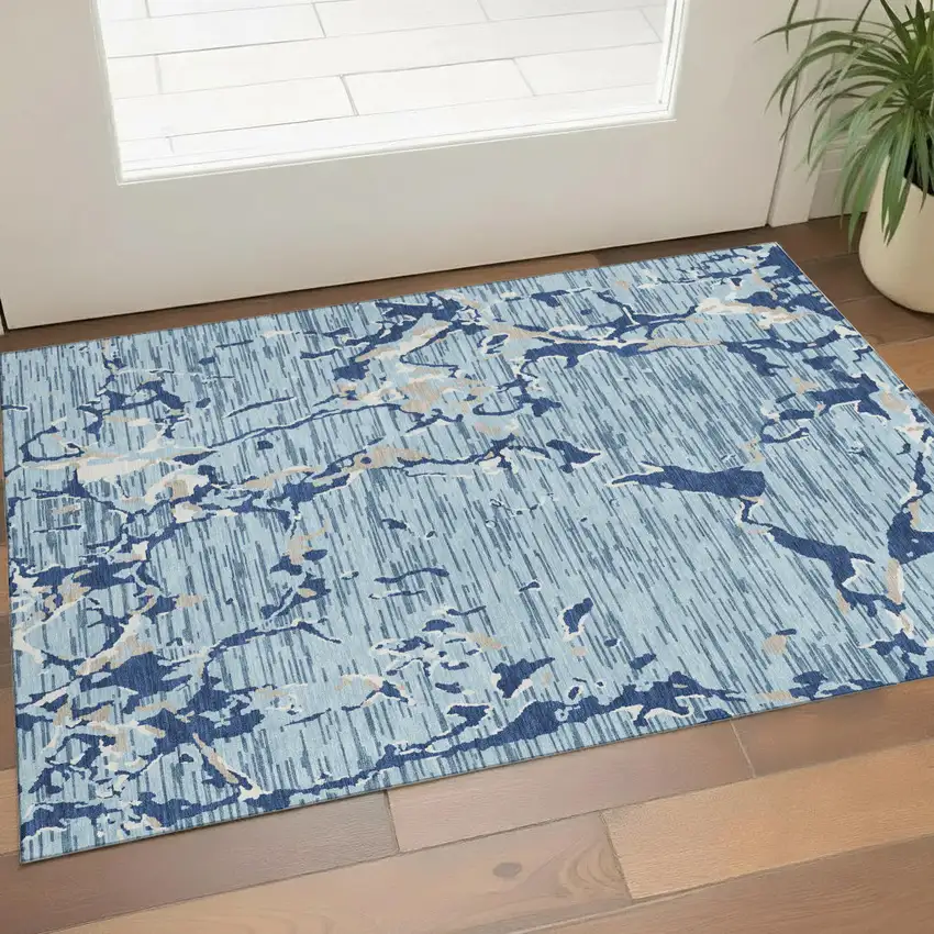 Denim Blue Ivory And Gray Striped Washable Area Rug With UV Protection Photo 1