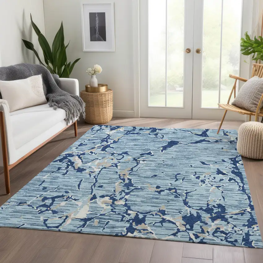 Denim Blue Ivory And Gray Striped Washable Area Rug With UV Protection Photo 5