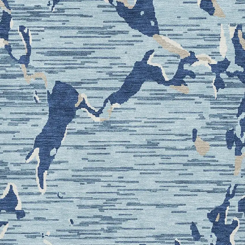 Denim Blue Ivory And Gray Striped Washable Area Rug With UV Protection Photo 2