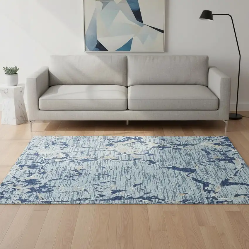 Denim Blue Ivory And Gray Striped Washable Area Rug With UV Protection Photo 2