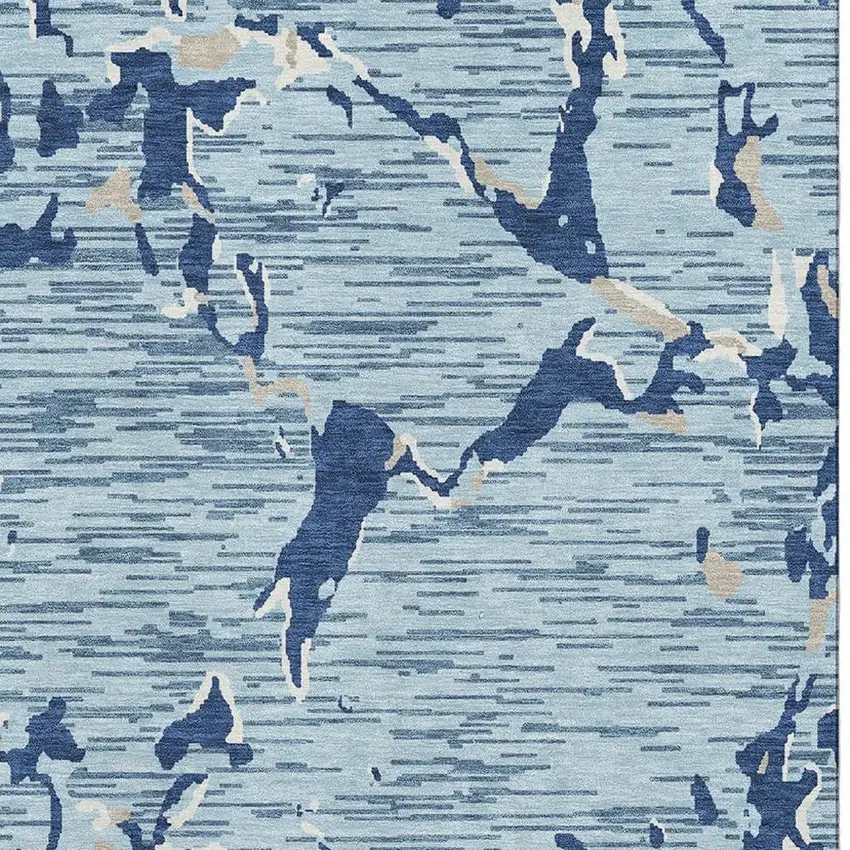 Denim Blue Ivory And Gray Striped Washable Area Rug With UV Protection Photo 3