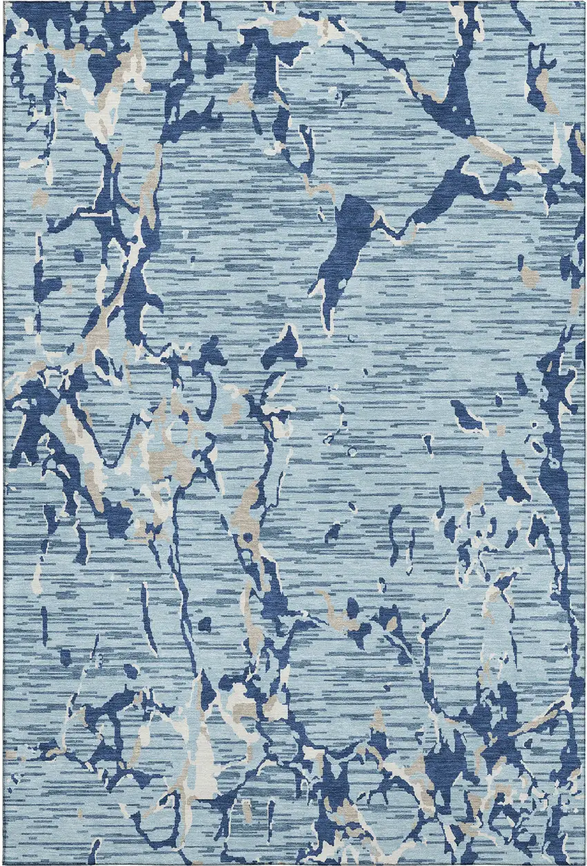 Denim Blue Ivory And Gray Striped Washable Area Rug With UV Protection Photo 1