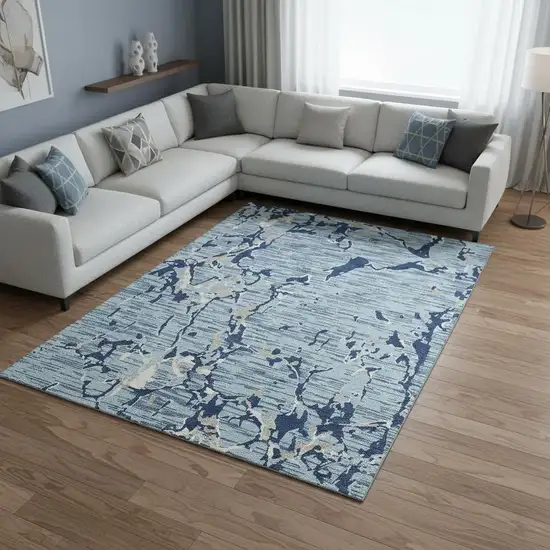 Denim Blue Ivory And Gray Striped Washable Area Rug With UV Protection Photo 2