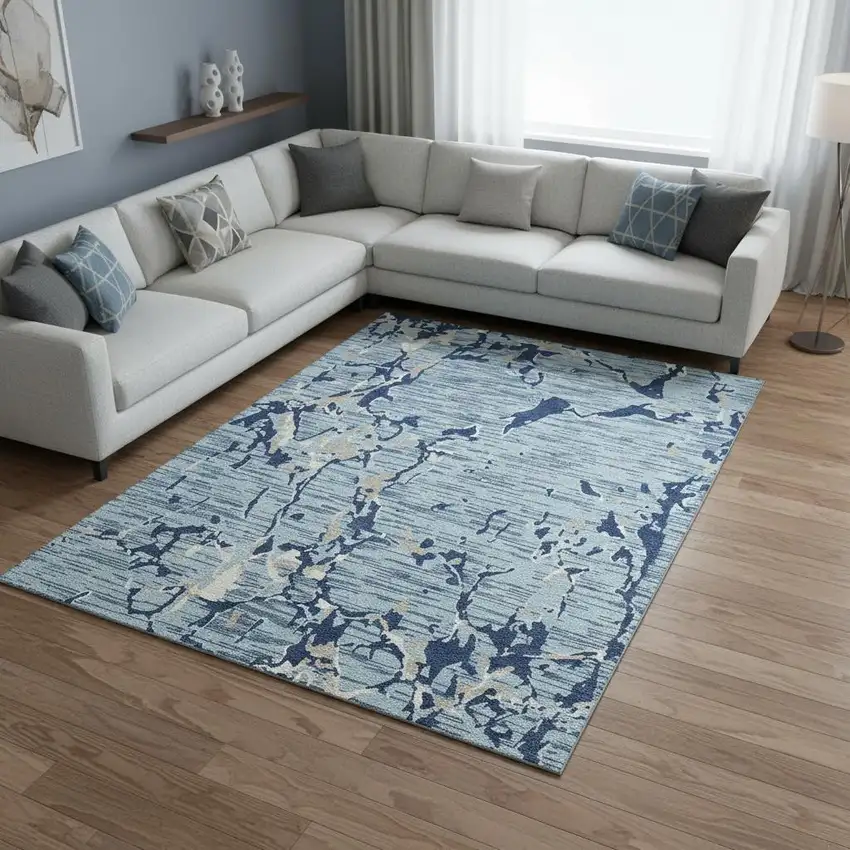 Denim Blue Ivory And Gray Striped Washable Area Rug With UV Protection Photo 2