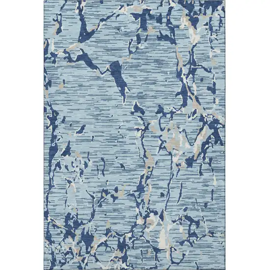 Denim Blue Ivory And Gray Striped Washable Area Rug With UV Protection Photo 3