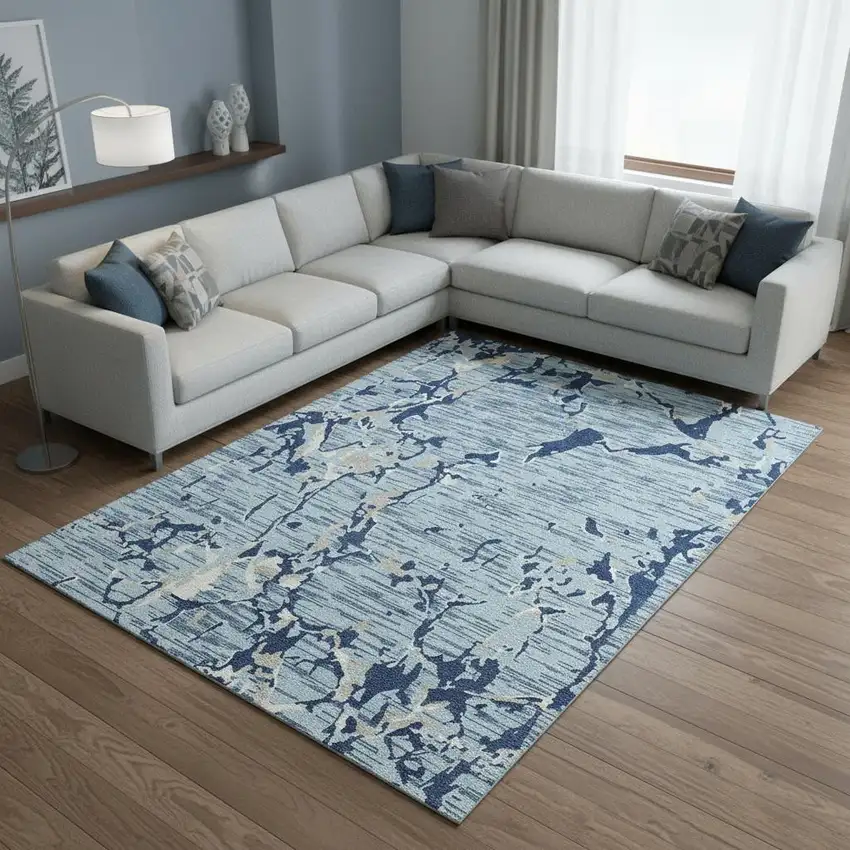 Denim Blue Ivory And Gray Striped Washable Area Rug With UV Protection Photo 2