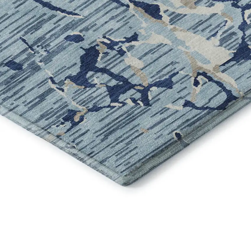 Denim Blue Ivory And Gray Striped Washable Area Rug With UV Protection Photo 7