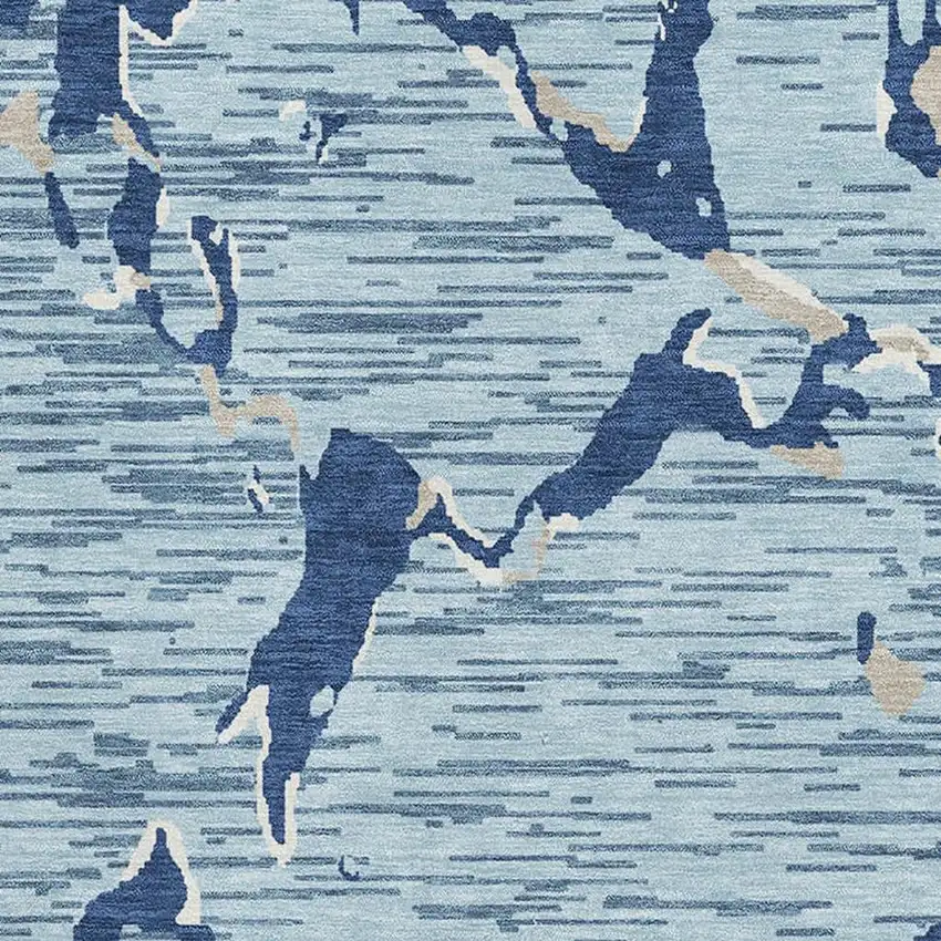 Denim Blue Ivory And Gray Striped Washable Area Rug With UV Protection Photo 2