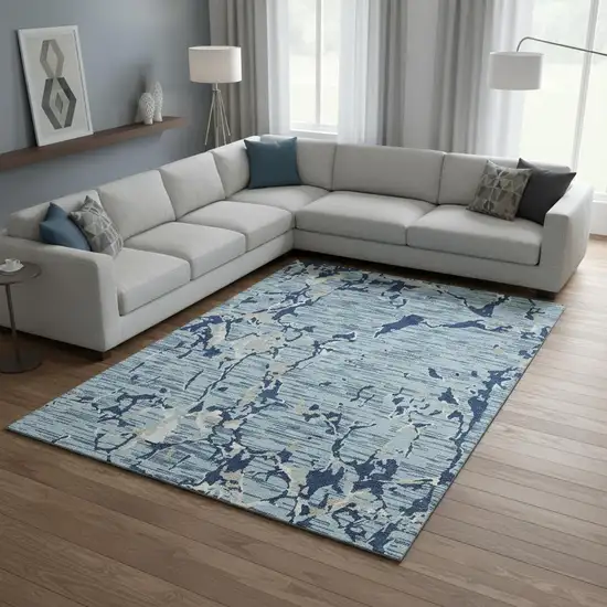 Denim Blue Ivory And Gray Striped Washable Area Rug With UV Protection Photo 2