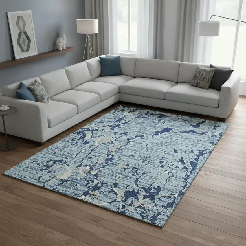 Denim Blue Ivory And Gray Striped Washable Area Rug With UV Protection Photo 2