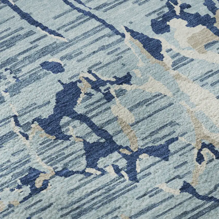 Denim Blue Ivory And Gray Striped Washable Area Rug With UV Protection Photo 9