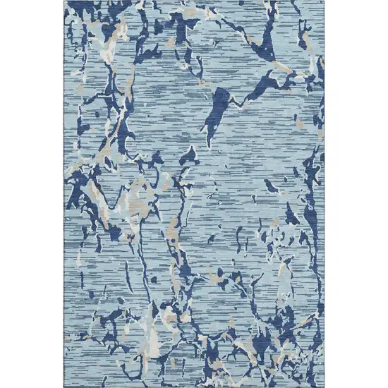 Denim Blue Ivory And Gray Striped Washable Area Rug With UV Protection Photo 1