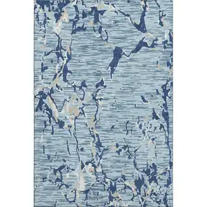 Photo of Denim Blue Ivory And Gray Striped Washable Area Rug With UV Protection