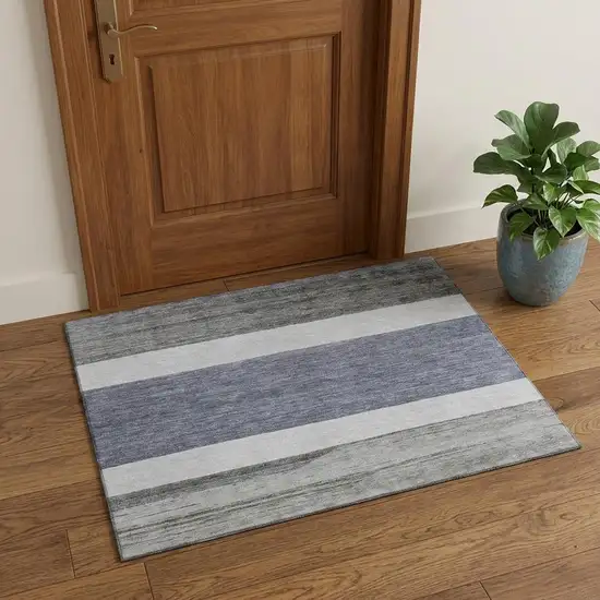 Denim Blue Ivory And Gray Striped Washable Area Rug With UV Protection Photo 1
