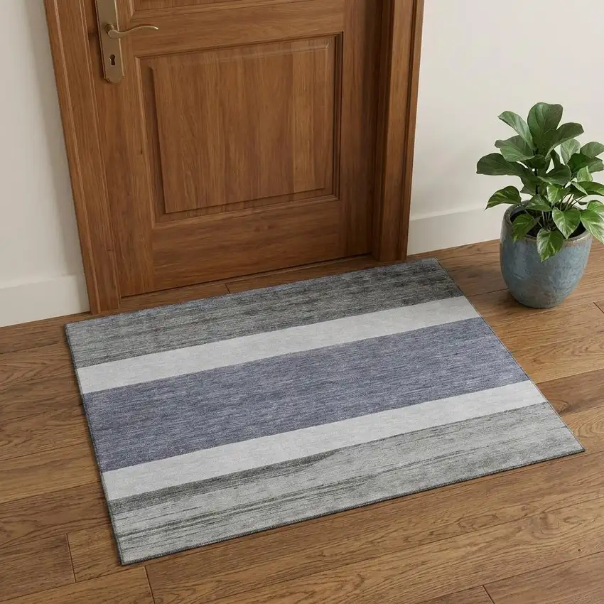 Denim Blue Ivory And Gray Striped Washable Area Rug With UV Protection Photo 1