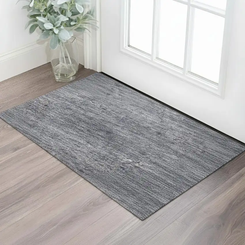 Denim Blue Ivory And Gray Striped Washable Area Rug With UV Protection Photo 2