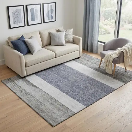Denim Blue Ivory And Gray Striped Washable Area Rug With UV Protection Photo 1