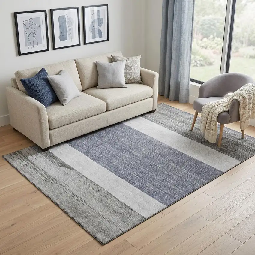 Denim Blue Ivory And Gray Striped Washable Area Rug With UV Protection Photo 1