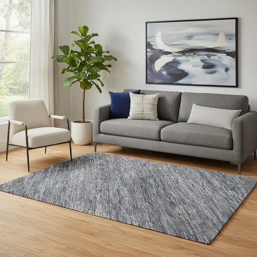 Denim Blue Ivory And Gray Striped Washable Area Rug With UV Protection Photo 2