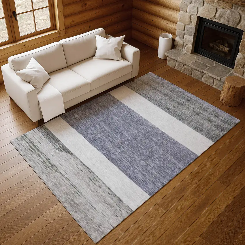 Denim Blue Ivory And Gray Striped Washable Area Rug With UV Protection Photo 3