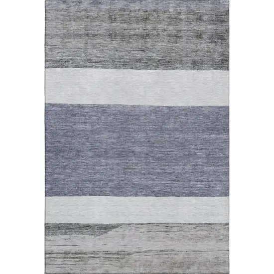 Denim Blue Ivory And Gray Striped Washable Area Rug With UV Protection Photo 4