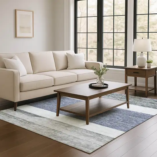 Denim Blue Ivory And Gray Striped Washable Area Rug With UV Protection Photo 2