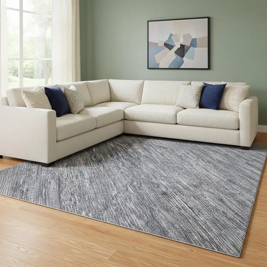 Denim Blue Ivory And Gray Striped Washable Area Rug With UV Protection Photo 2