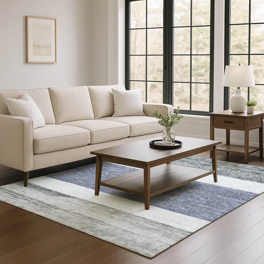 Denim Blue Ivory And Gray Striped Washable Area Rug With UV Protection Photo 3