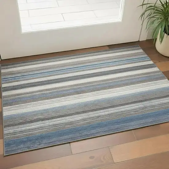 Denim Blue Ivory And Gray Striped Washable Area Rug With UV Protection Photo 2