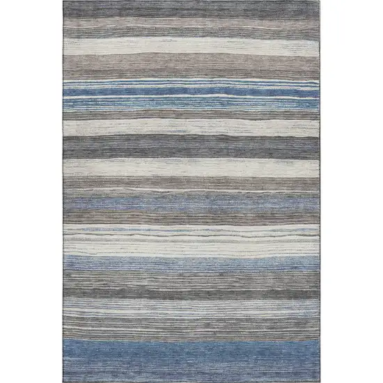 Denim Blue Ivory And Gray Striped Washable Area Rug With UV Protection Photo 1