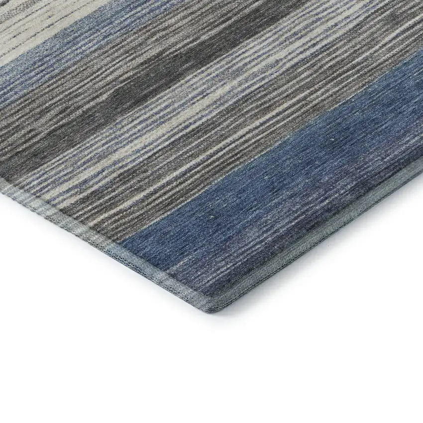Denim Blue Ivory And Gray Striped Washable Area Rug With UV Protection Photo 7