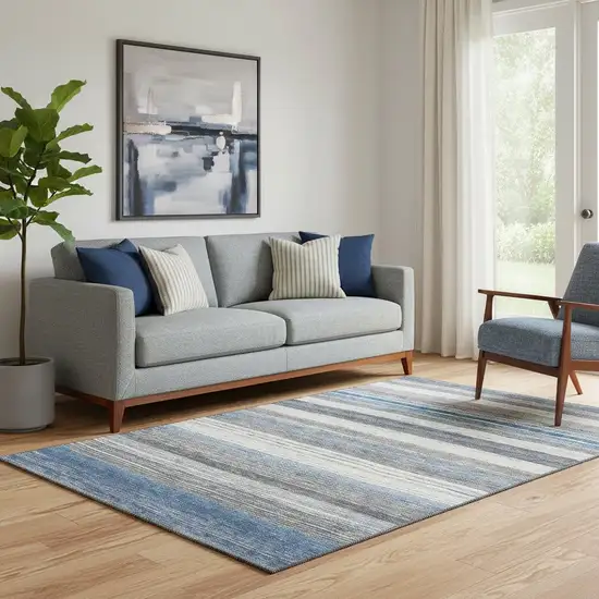 Denim Blue Ivory And Gray Striped Washable Area Rug With UV Protection Photo 2